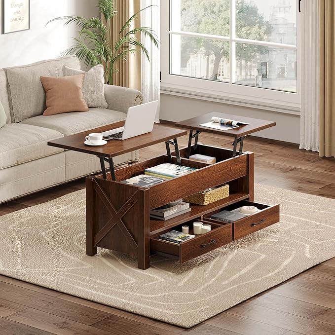 Seventable Coffee Table, 47.2" Lift Top Coffee Table with 2 Storage Drawers and Hidden Compartment, Farmhouse Center Table with Wooden Lift Tabletop, for Living Room,Espresso - LeafyLoom