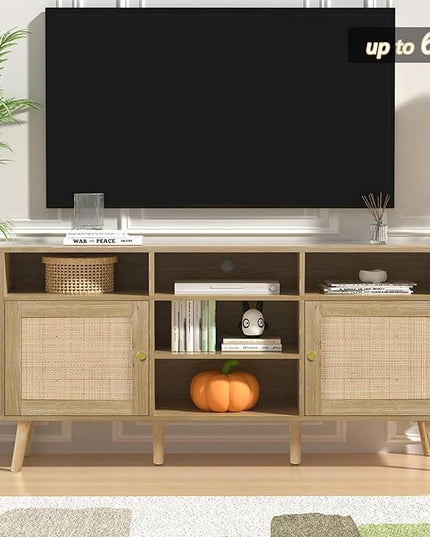 Anmytek Rattan TV Stand for TV up to 65inch,30'' Tall Farmhouse TV Stand Mid Century Modern TV Stand with Storage TV Console Entertainment Center Media Cabinet for Living Room Bedroom - LeafyLoom