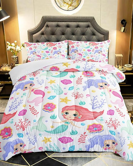 Mermaid Comforter Set Queen Size Fairy Tale Sea Shell Grass Bedding Set Starfish Quilt Bed Set for Kid Girls with 1 Comforter and 2 Pillowcases - LeafyLoom