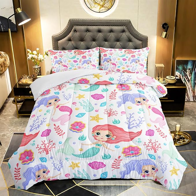 Mermaid Comforter Set Queen Size Fairy Tale Sea Shell Grass Bedding Set Starfish Quilt Bed Set for Kid Girls with 1 Comforter and 2 Pillowcases - LeafyLoom