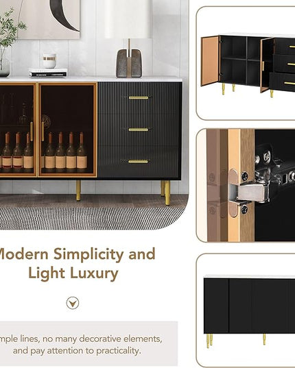 Modern Sideboard MDF with Marble Sticker Tabletop and Amber-Yellow Tempered Glass Doors,Freestanding Buffet Storage Cabinet,W/Gold Metal Legs & Handles,for Dining Room,Kitchen,Black, 60" - LeafyLoom