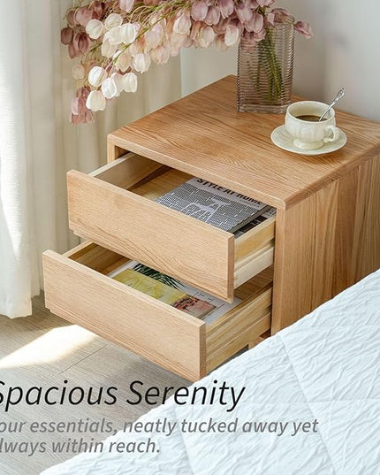 Night Stand, Mid Century Modern Nightstand w/2 Drawers, Boho Nightstand, Small Nightstand, Oak Bedroom Nightstand, Solid Wood Bedside Table, 17.72 W x 15.75 D x 19.69 H Inches(Natural) - LeafyLoom