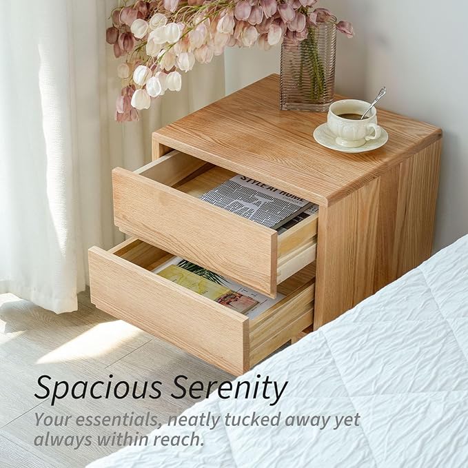 Night Stand, Mid Century Modern Nightstand w/2 Drawers, Boho Nightstand, Small Nightstand, Oak Bedroom Nightstand, Solid Wood Bedside Table, 17.72 W x 15.75 D x 19.69 H Inches(Natural) - LeafyLoom