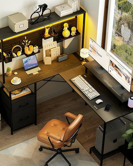 Yoobure L Shaped Desk with Pegboard, Reversible Gaming Desk with LED Lights & Power Outlets, Computer Desk with Drawers & Storage Shelves, Office Desk with Monitor Stand Corner Desk Home Office Desks - LeafyLoom