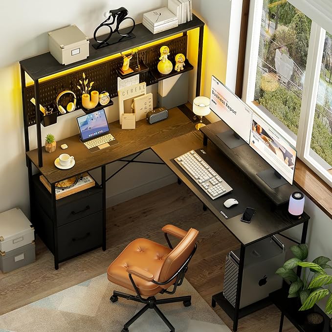 Yoobure L Shaped Desk with Pegboard, Reversible Gaming Desk with LED Lights & Power Outlets, Computer Desk with Drawers & Storage Shelves, Office Desk with Monitor Stand Corner Desk Home Office Desks - LeafyLoom