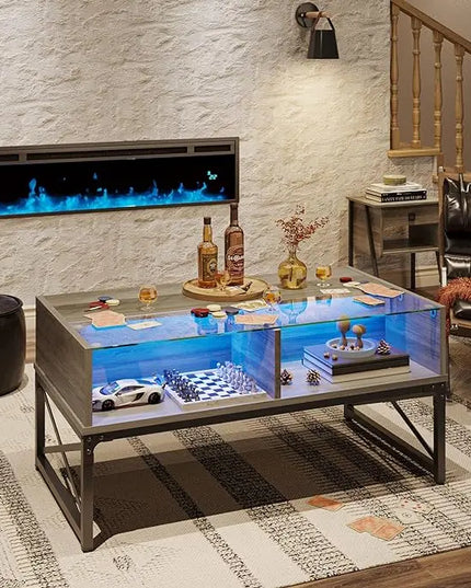 Bestier LED Coffee Tables for Living Room,Wood Center Table with Glass Top Game Night. 42 Inch Room Grey Wash - LeafyLoom