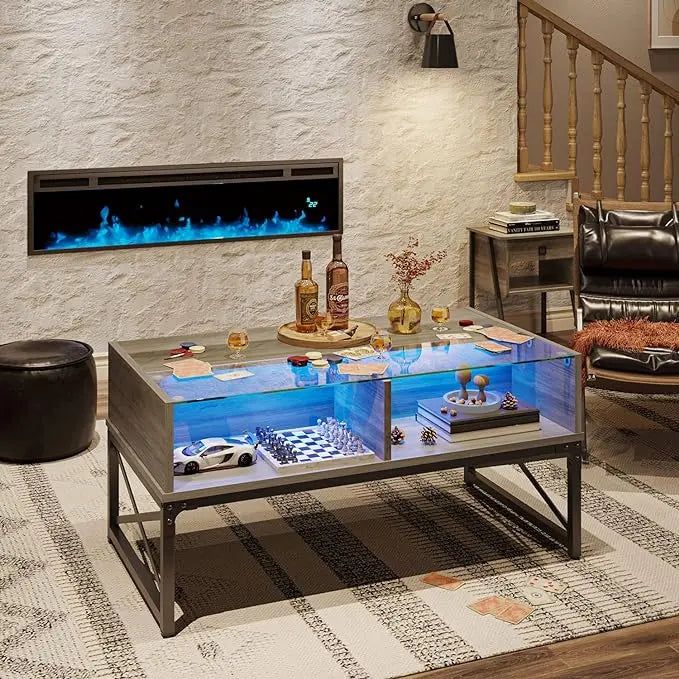 Bestier LED Coffee Tables for Living Room,Wood Center Table with Glass Top Game Night. 42 Inch Room Grey Wash - LeafyLoom