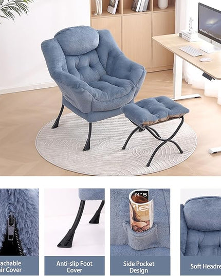 LITA Lazy Chair with Ottoman, Modern Accent Leisure Upholstered Sofa Chair, Lounge Reading Chair with Armrests and a Side Pocket for Living Room, Bedroom & Small Space, Plush Light Blue - LeafyLoom