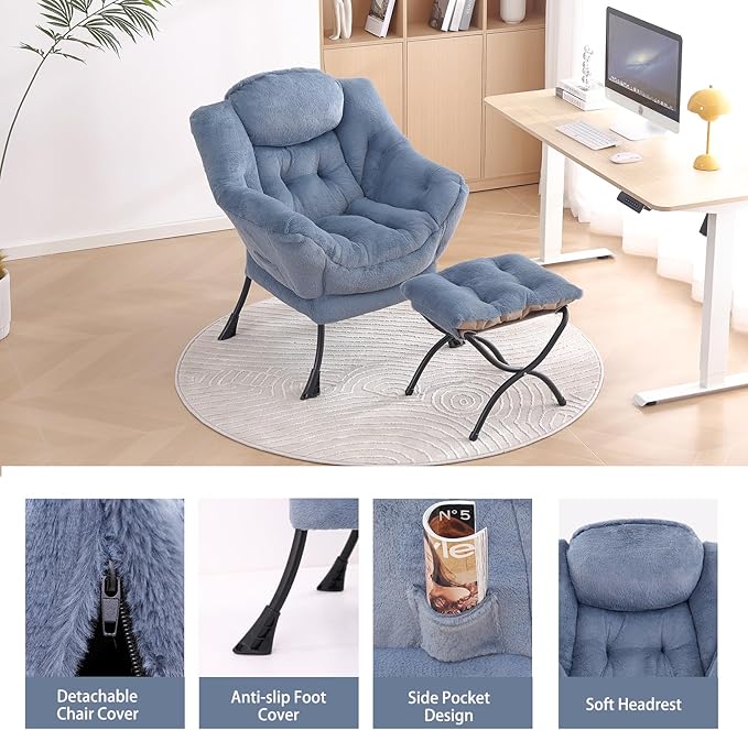 LITA Lazy Chair with Ottoman, Modern Accent Leisure Upholstered Sofa Chair, Lounge Reading Chair with Armrests and a Side Pocket for Living Room, Bedroom & Small Space, Plush Light Blue - LeafyLoom