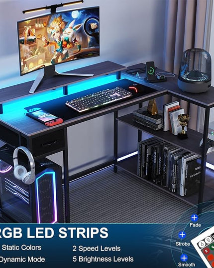 47 Inch L Shaped Gaming Desk with Drawers & Shelves, Reversible Computer Corner Desk with Power Outlet and LED Light for Home Office Bedroom, L-Shaped Teen PC Gaming Desks with Hook & Monitor Stand - LeafyLoom