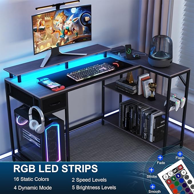 47 Inch L Shaped Gaming Desk with Drawers & Shelves, Reversible Computer Corner Desk with Power Outlet and LED Light for Home Office Bedroom, L-Shaped Teen PC Gaming Desks with Hook & Monitor Stand - LeafyLoom