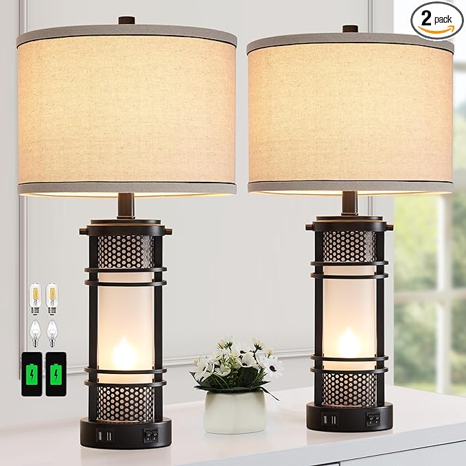 Set of 2 Modern Table Lamps for Living Room, Contemporary Nightstand Lamp with Dual USB Port, Bedside Lamps with White Frosted Glass Night Light for Bedroom, 4 Bulbs Included (Black) - LeafyLoom
