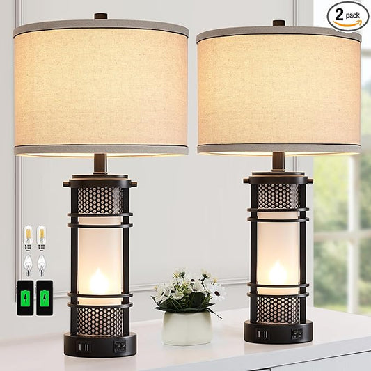 Set of 2 Modern Table Lamps for Living Room, Contemporary Nightstand Lamp with Dual USB Port, Bedside Lamps with White Frosted Glass Night Light for Bedroom, 4 Bulbs Included (Black) - LeafyLoom