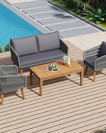 4-Piece, Outdoor Furniture with Loveseat, 2 Chairs and Table, Patio Conversation Set Deep Seating with Thick Backyard Porch Balcony, Zh-Dark Grey Cushion + Grey Rope - LeafyLoom