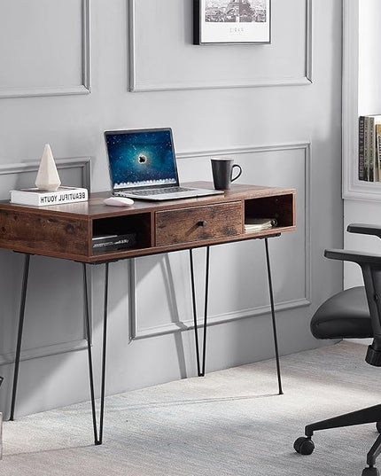 VECELO 39.3" Home Office Work Table with Drawers Computer Desk Writing/Study, 39 Inch Hairpin Legs, Rustic Brown - LeafyLoom