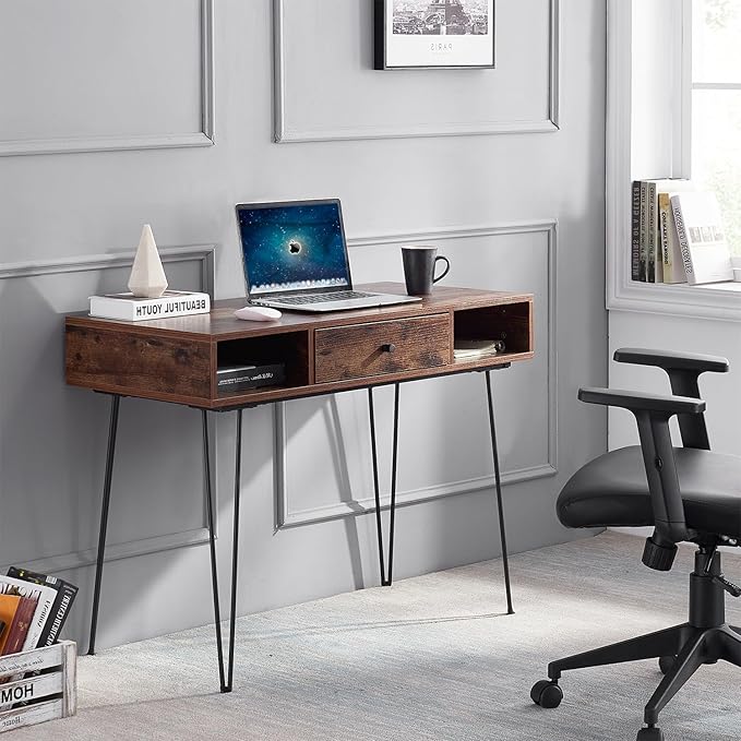 VECELO 39.3" Home Office Work Table with Drawers Computer Desk Writing/Study, 39 Inch Hairpin Legs, Rustic Brown - LeafyLoom