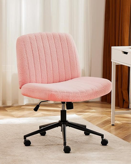 Sweetcrispy Criss Cross Chair Legged, Armless Office Desk Chair with Wheels, Swivel Vanity Chair, Height Adjustable Wide Seat Computer Task Chair, Fabric Vanity Modern Home Chair Pink - LeafyLoom