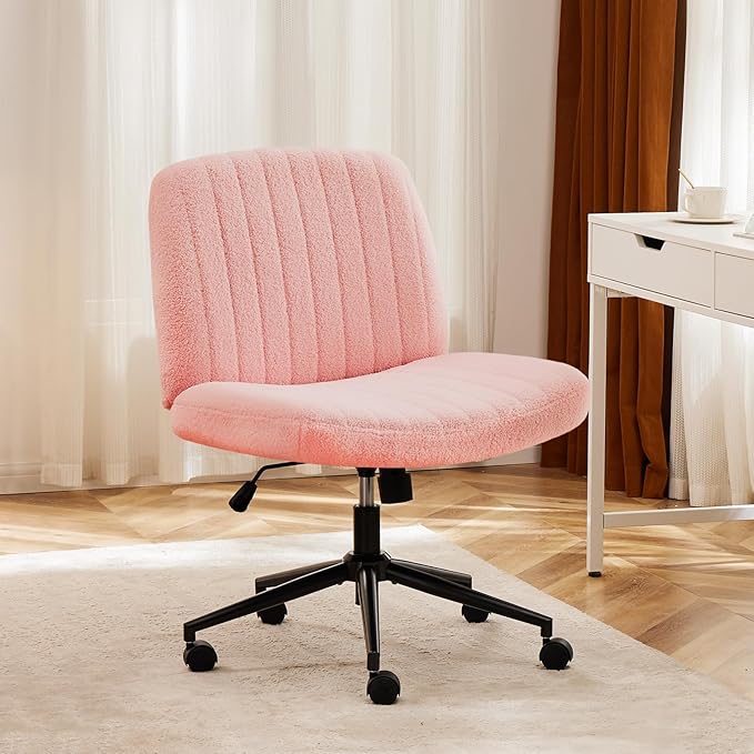 Sweetcrispy Criss Cross Chair Legged, Armless Office Desk Chair with Wheels, Swivel Vanity Chair, Height Adjustable Wide Seat Computer Task Chair, Fabric Vanity Modern Home Chair Pink - LeafyLoom