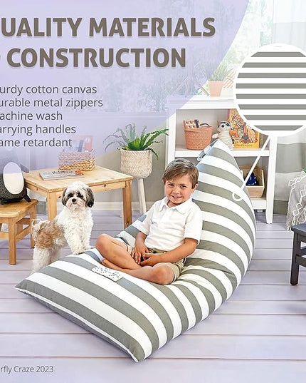 Butterfly Craze Bean Bag Chair Cover, Functional Toddler Toy Organizer, Fill with Stuffed Animals to Create a Jumbo, Comfy Floor Lounger for Boys or Girls, Stuffing Not Included, Grey Stripe - LeafyLoom