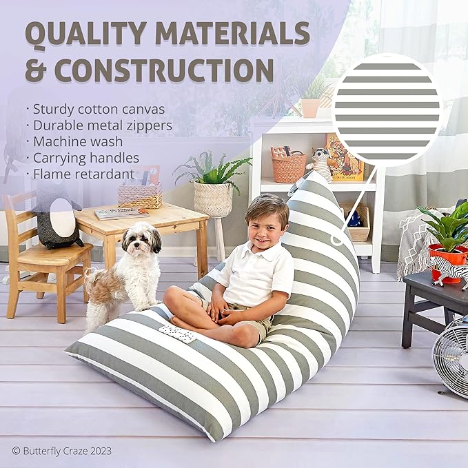 Butterfly Craze Bean Bag Chair Cover, Functional Toddler Toy Organizer, Fill with Stuffed Animals to Create a Jumbo, Comfy Floor Lounger for Boys or Girls, Stuffing Not Included, Grey Stripe - LeafyLoom