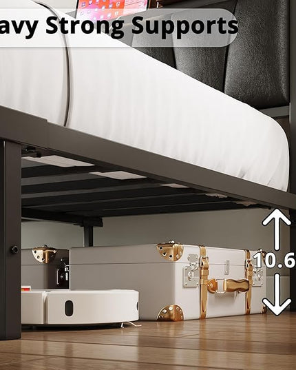 LIKIMIO Full Size Bed Frame, Storage Headboard with Charging Station, Solid and Stable, Noise Free, No Box Spring Needed, Easy Assembly (Vintage and Black) - LeafyLoom