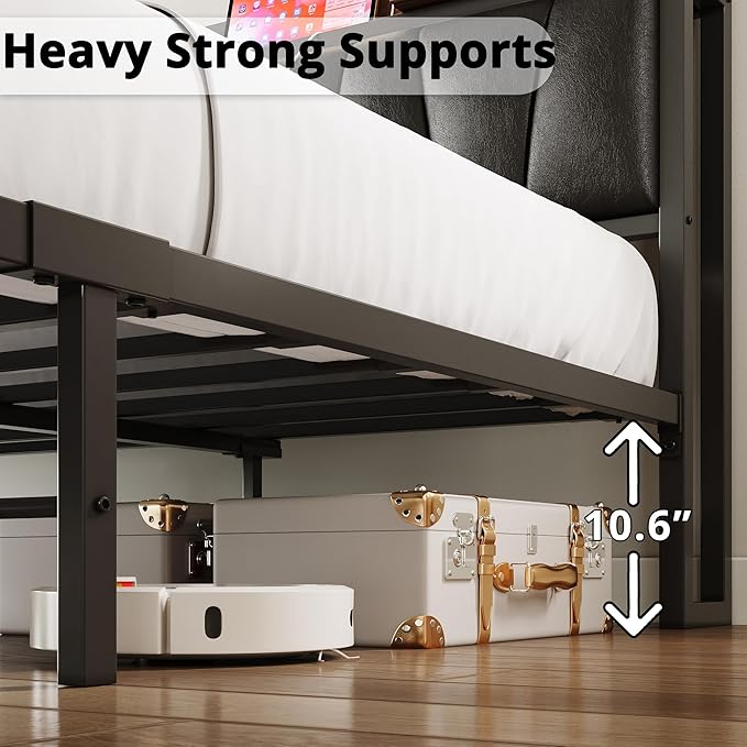 LIKIMIO Full Size Bed Frame, Storage Headboard with Charging Station, Solid and Stable, Noise Free, No Box Spring Needed, Easy Assembly (Vintage and Black) - LeafyLoom