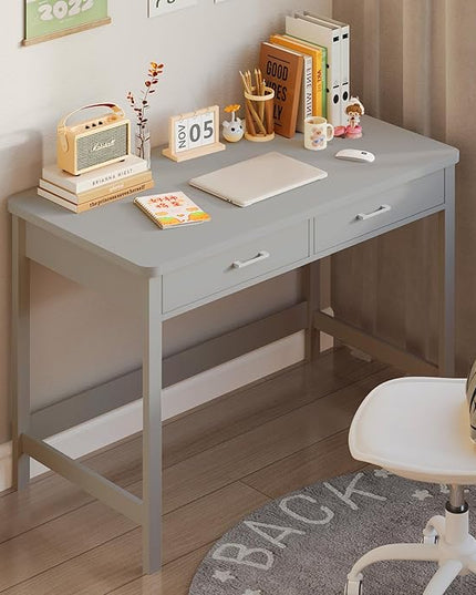 4NM 39.4" Small Desk with Wood Drawers, Home Office Computer Desk with Wooden Legs, Study Writing Table Vanity Desk for Small Spaces - Gray - LeafyLoom