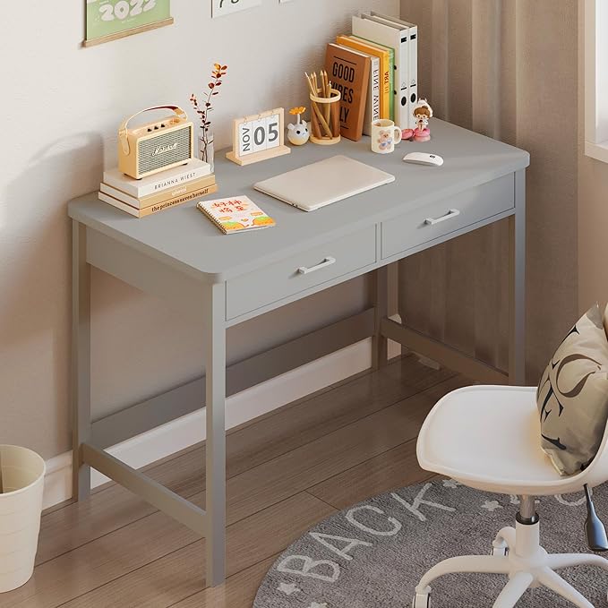 4NM 39.4" Small Desk with Wood Drawers, Home Office Computer Desk with Wooden Legs, Study Writing Table Vanity Desk for Small Spaces - Gray - LeafyLoom