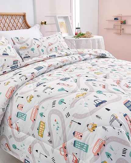 JSD Car Kids Printed Comforter Set for Boys Girls, 3 Pieces Queen Microfiber Comforter with Pillow Sham, Soft Comfortable Machine Washable - LeafyLoom