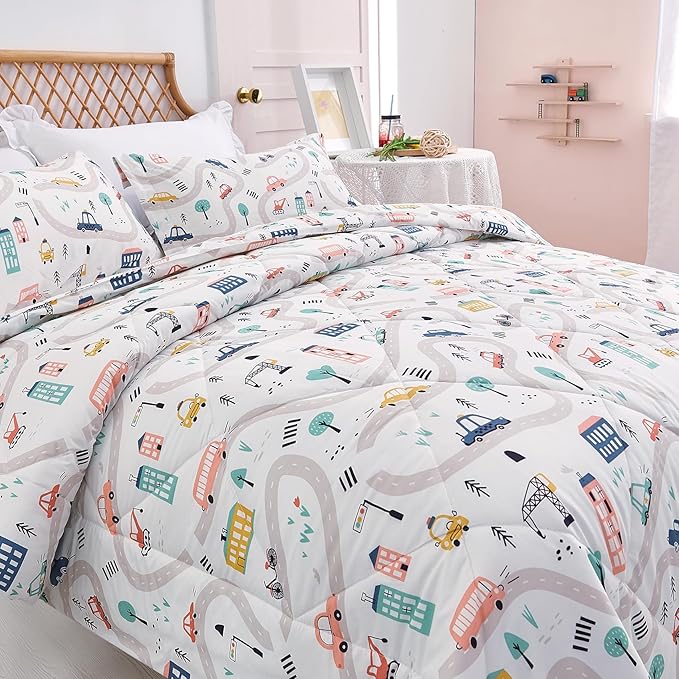 JSD Car Kids Printed Comforter Set for Boys Girls, 3 Pieces Queen Microfiber Comforter with Pillow Sham, Soft Comfortable Machine Washable - LeafyLoom
