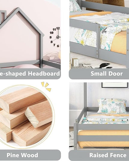 Bellemave Twin Size House-Shaped Headboard Floor Bed with Fences, Wooden Montessori Bed for Kids,House Bed Twin Frame for Girls,Boys (Gray) - LeafyLoom