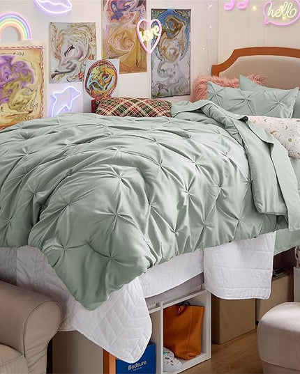 Bedsure Twin Size Comforter Set - Bed in a Bag Queen 5 Pieces, Pintuck Beddding Sets Sage Green Bed Set with Comforter, Sheets, Pillowcase & Sham - LeafyLoom
