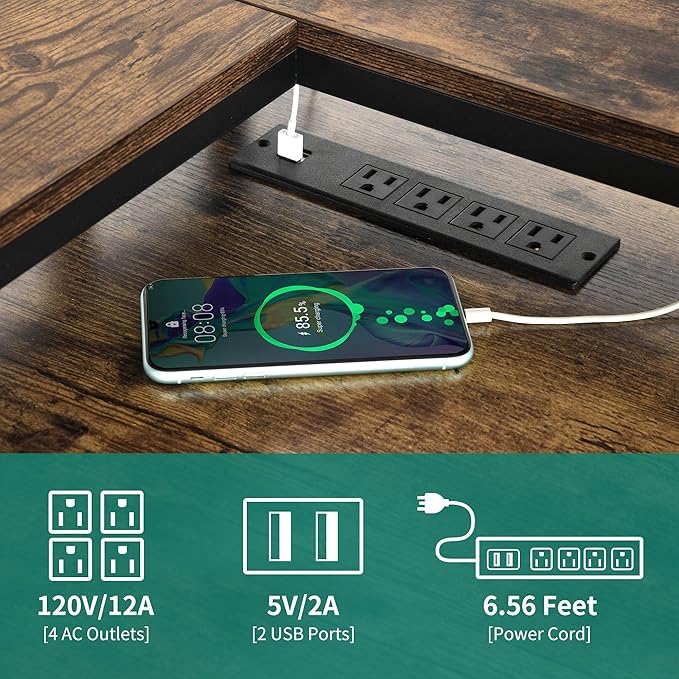 YITAHOME L Shaped Desk with Power Outlets & LED Lights, Reversible Computer Desk with Drawers & Hutch, Corner Desk Office Desk with Monitor Stand, Printer Stand, 2 Person Desk, Rustic Brown - LeafyLoom