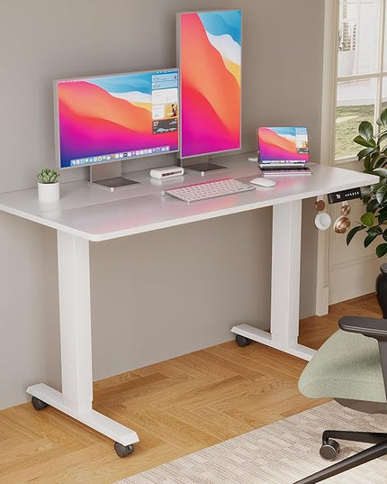 Electric Standing Desk 48 Inch, Ergonomic Height Adjustable Table with T-Shaped Metal Bracket Modern Computer Workstations for Home Office, White - LeafyLoom