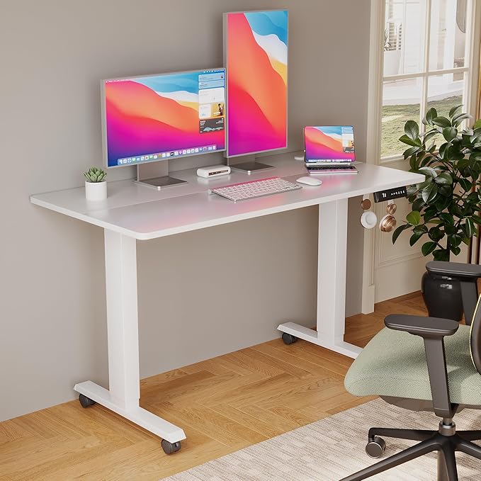 Electric Standing Desk 48 Inch, Ergonomic Height Adjustable Table with T-Shaped Metal Bracket Modern Computer Workstations for Home Office, White - LeafyLoom