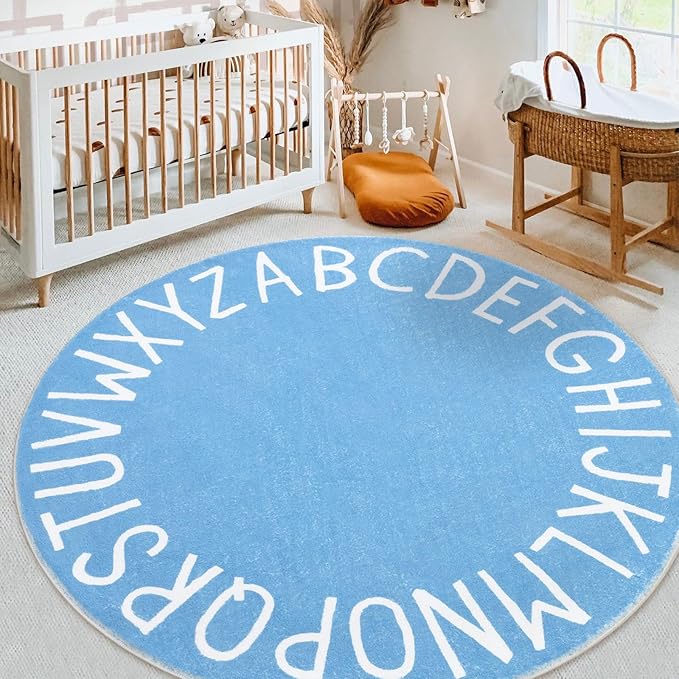 Topotdor Round Kids Play Rug Alphabet Nursery Area Rug Extra Large Soft Crawling Play Mat for Children Toddlers Bedroom (47 inch, Sky Blue) - LeafyLoom