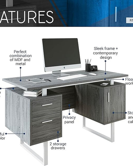 Techni Mobili Modern Office Desk with Storage, Gray - LeafyLoom