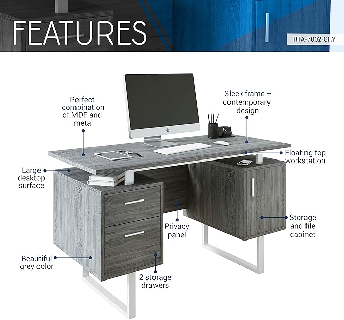 Techni Mobili Modern Office Desk with Storage, Gray - LeafyLoom