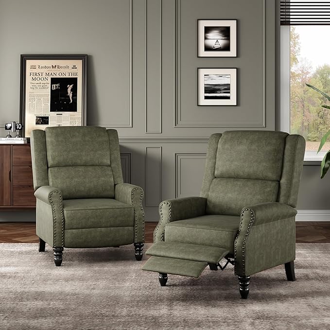 STARY Faux Leather Pushback Recliner Chair for Living Room Bedroom RV, Dark Green - LeafyLoom