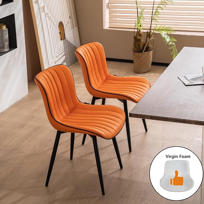 YOUNUOKE Orange Dining Chairs Set of 2 Upholstered Mid Century Modern Kitchen Chair Armless Faux Leather Accent Guest Side Chair with Back and Metal Legs for Living Reception Waiting Room Bedroom - LeafyLoom