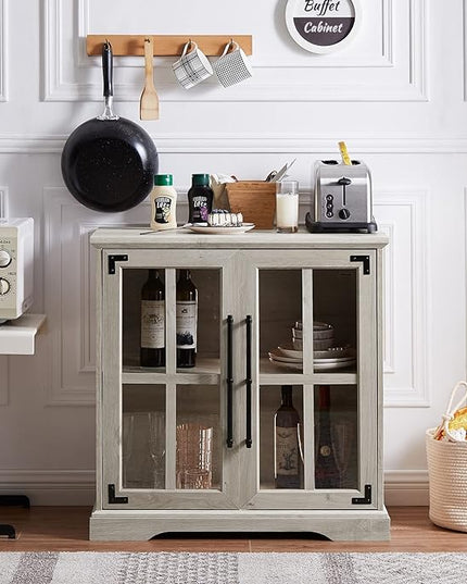 Okvnbjk Coffee Bar Storage Cabinet with Doors and Shelves, Small Farmhouse Buffet Cabinet for Kitchen, Accent Credenza Storage Bar Cabinet for Living/Dining Room, Bedroom, Hallway, White Oak - LeafyLoom