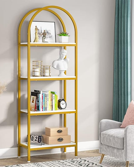 Tribesigns 4-Tier Open Bookshelf, 70.8" Modern Wood Bookcase Storage Shelves with Metal Frame, Freestanding Display Rack Tall Shelving Unit for Office, Bedroom, Living Room (White & Gold, 1PC) - LeafyLoom
