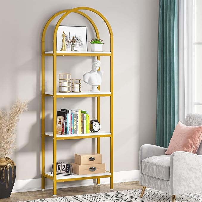 Tribesigns 4-Tier Open Bookshelf, 70.8" Modern Wood Bookcase Storage Shelves with Metal Frame, Freestanding Display Rack Tall Shelving Unit for Office, Bedroom, Living Room (White & Gold, 1PC) - LeafyLoom