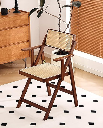 Rattan Folding Dining Chairs Set of 2, Modern Mid Century Dining Chairs with Arms, Outdoor Bamboo Chairs for Bedroom, Living Room, Reading Room, Walnut - LeafyLoom