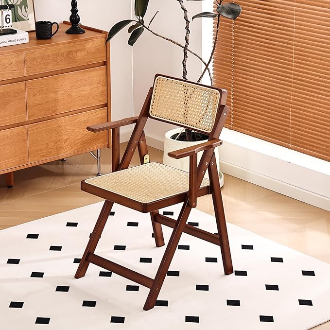 Rattan Folding Dining Chairs Set of 2, Modern Mid Century Dining Chairs with Arms, Outdoor Bamboo Chairs for Bedroom, Living Room, Reading Room, Walnut - LeafyLoom