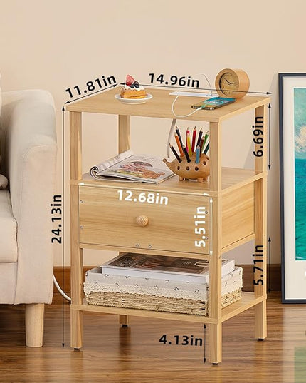 Lerliuo Nightstand with Charging Station and USB Ports, 3-Tier Storage End Table with Drawer Shelf, Night Stand for Small Spaces, Wood Bedside Table for Living Room, Bedroom - Natural Wood - LeafyLoom