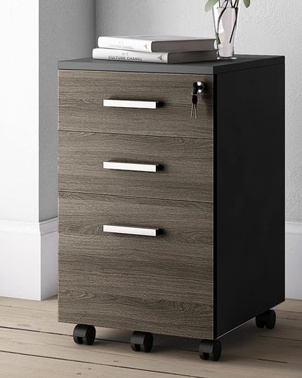 Lazio File Cabinet with Lock - Filing Cabinet for Home and Office - 3 Drawer Small Rolling File Cabinet -Wood Printer Stand with Storage for A4 Size/Legal Documents, File Folders (SLATE GRAY/Black) - LeafyLoom