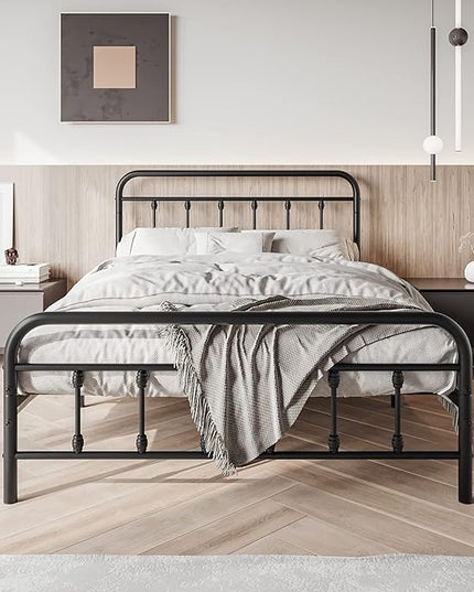 Vintage Full Size Bed Frame with Headboard and Footboard Mattress Heavy Duty Metal Platform, Steel Slat Support (Full, Black Sanded) - LeafyLoom