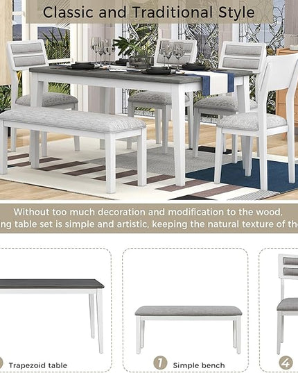 Classic and Traditional Style 6-Piece Dining Set, includes 1 Solid Wood Table, 4 Upholstered Chairs & Bench, for Diningroom, Living Room, Kitchen, Home Bar, Gray+White - LeafyLoom