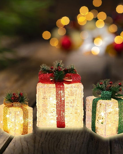 [Large 10"x8.5"x6.5" Christmas Set of 3 Lighted Clear Acrylic Gift Boxes Decorations Pre-lit 70 Super-Bright LED with Flashers,for Indoor Outdoor Pathway Holiday Party Home(Warm White) GLOWNOVA